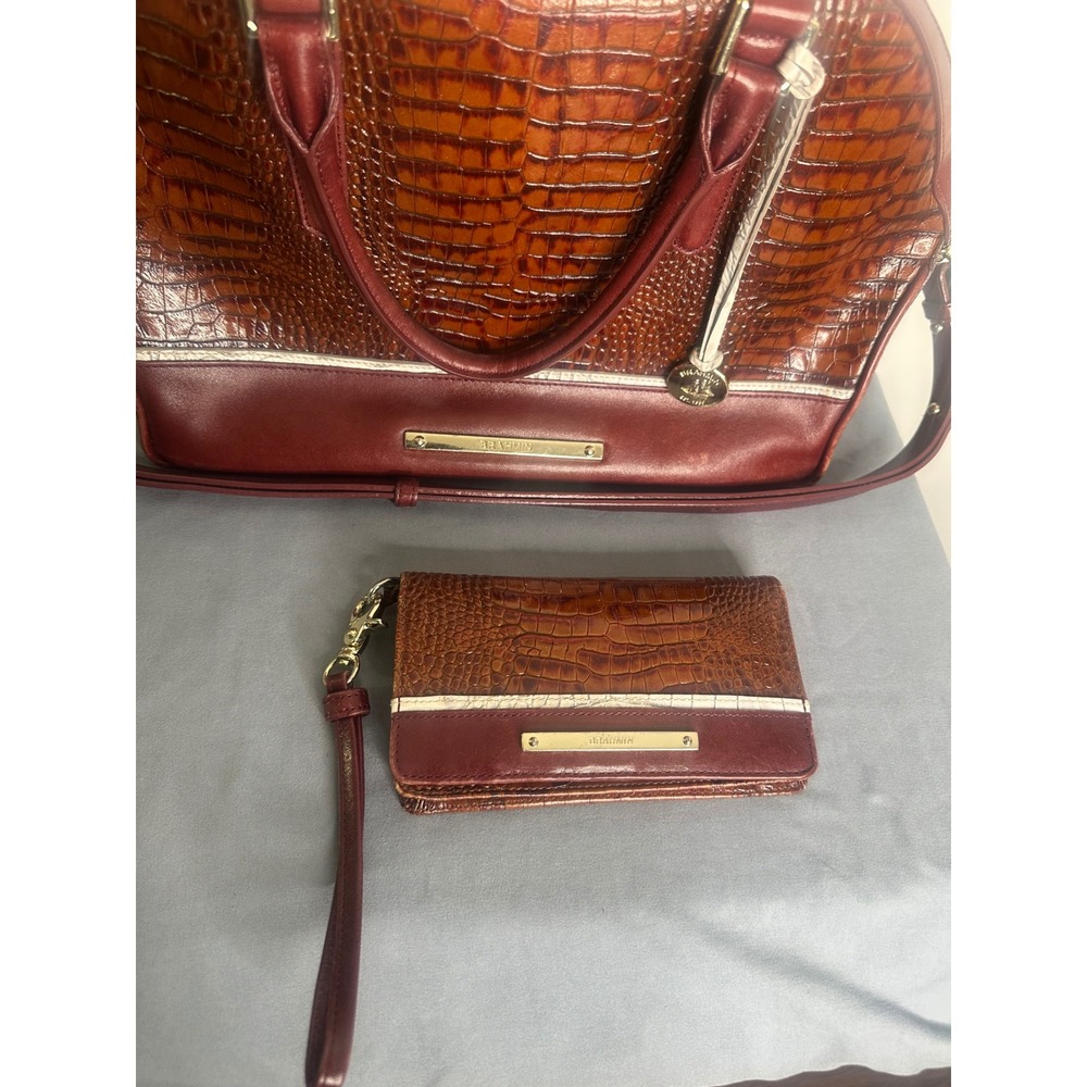 Brahmin Burgundy Brown Croc Embossed Leather Satchel Handbag and Wallet Set - Picture 4 of 16
